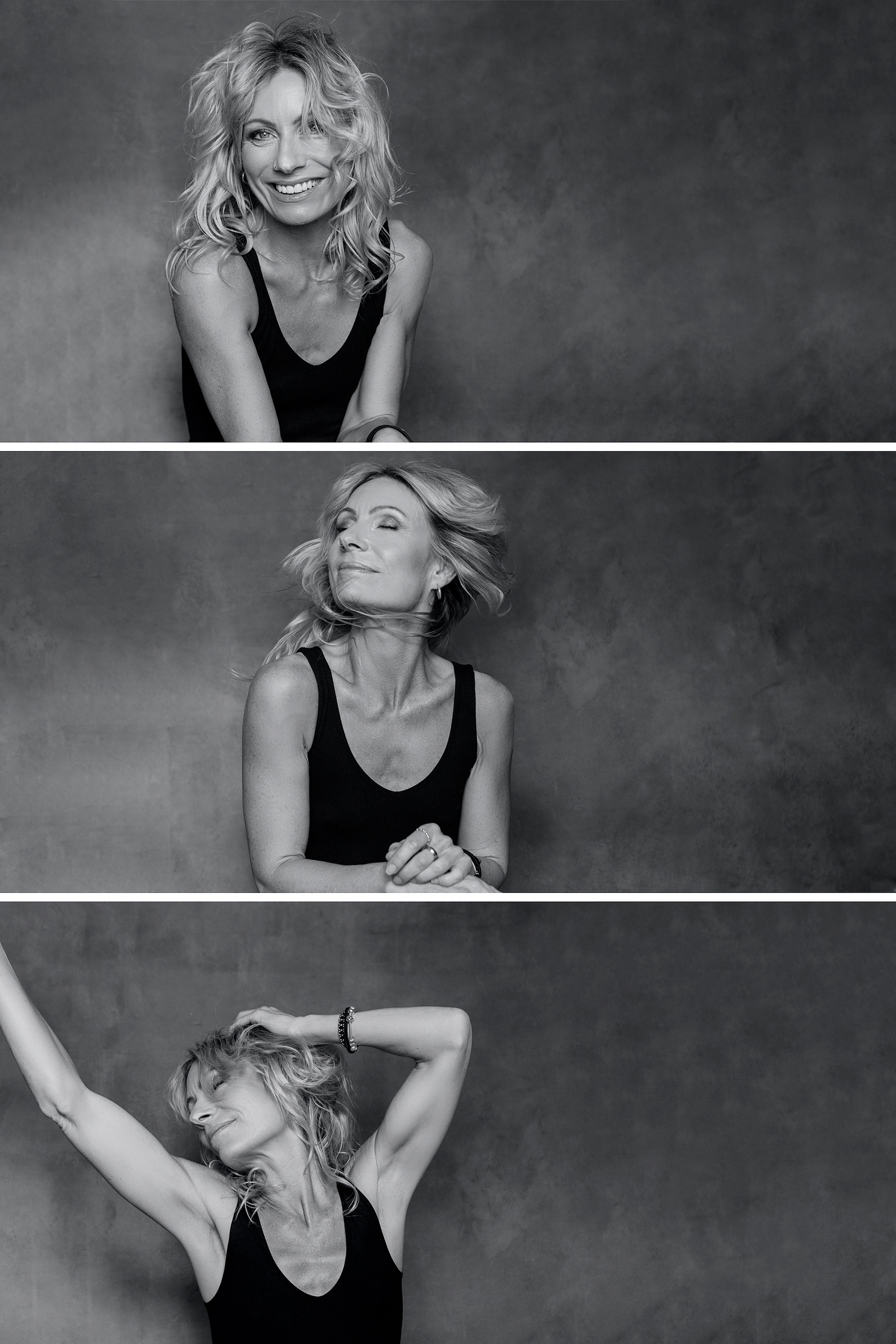 A set of three photos, they show a blonde woman dancing with abandon and joy