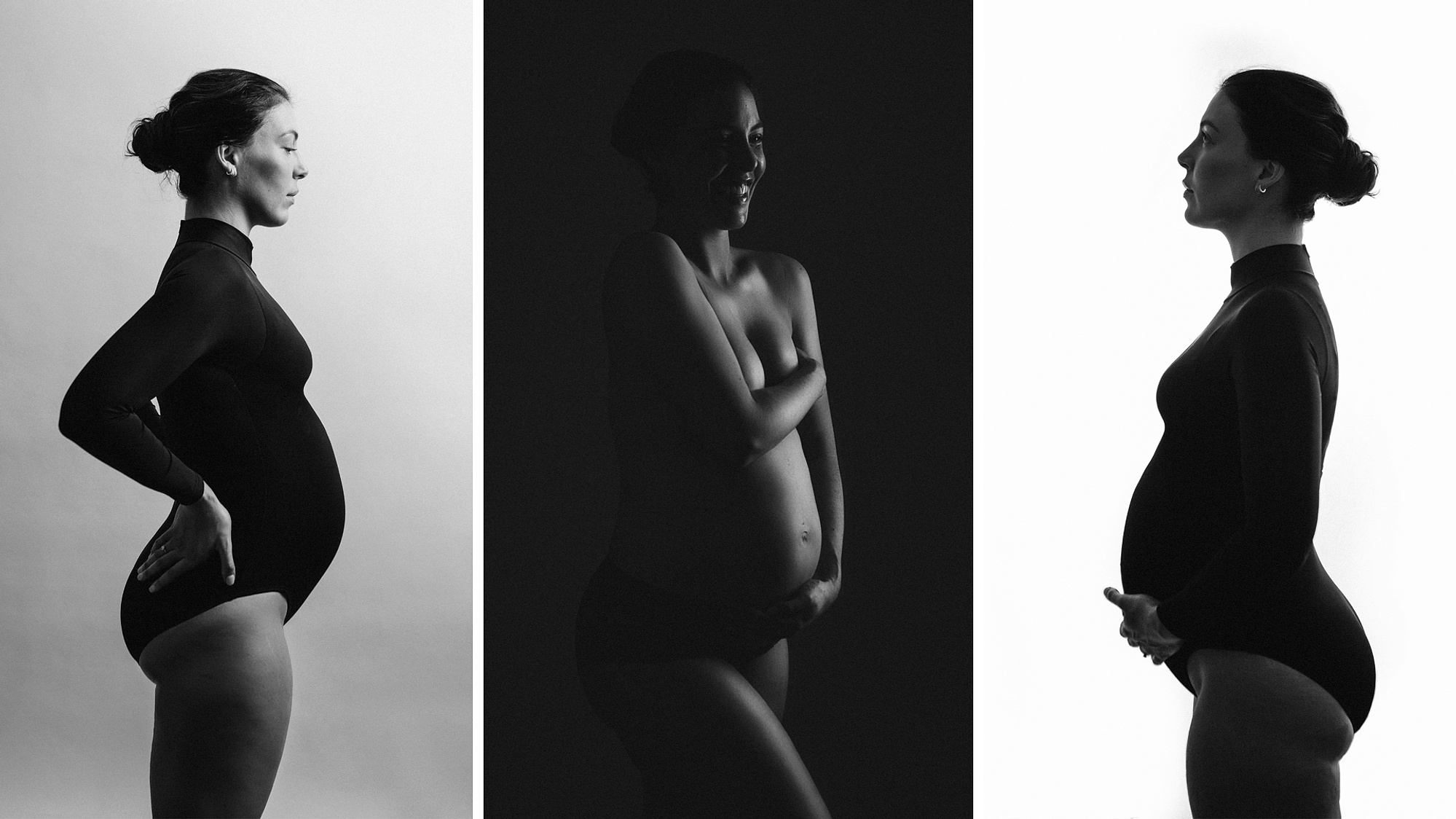 Three images of a young pregnant woman, her hair pulled back into a bun.