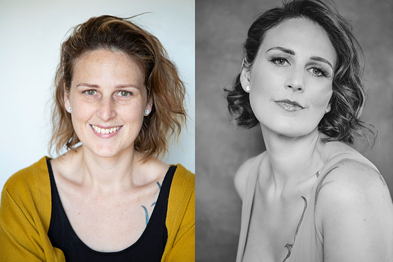 Before and after photo, before on left and after on right. Glamorous brunette.