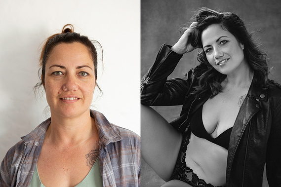 Before and after photo, before on left and after on right. We see a slim brunette woman who's new confidence is transformative.