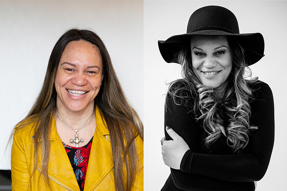 Before and after photo, before on left and after on right. Smiling brunette with long hair.