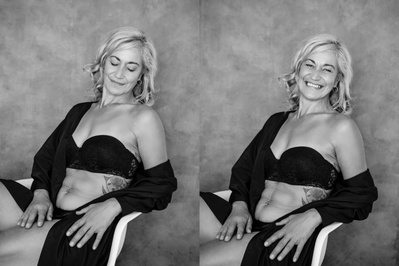 Two photos side by side of a striking older woman, in the left she has a small smile and in the right she is grinning