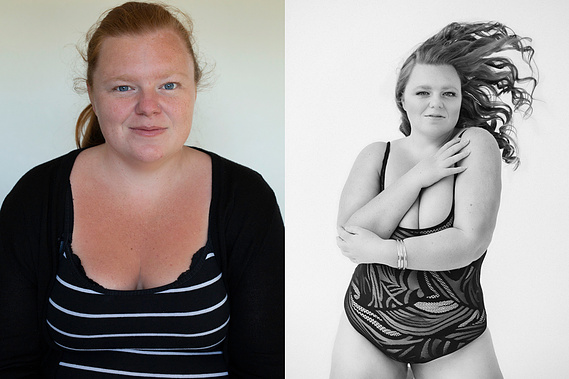 Before and after photo, before on left and after on right. The woman transforms into a confident glamazon