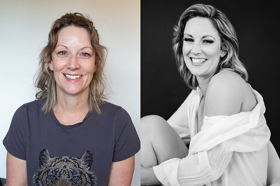 Before and after photo, before on left and after on right. The young woman has blonde hair