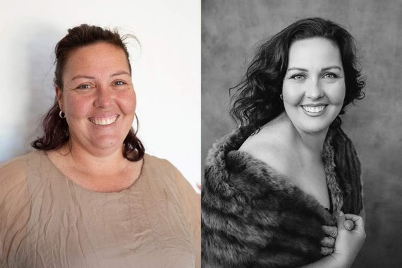 Before and after photo, before on left and after on right. The woman is curvaceous with a beautiful smile