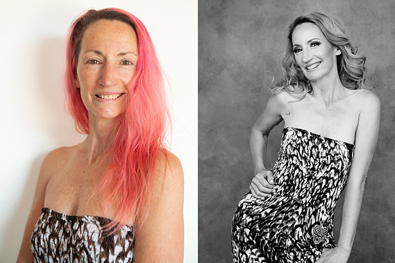 Before and after photo, before on left and after on right. The woman is slim and has bright pink hair.
