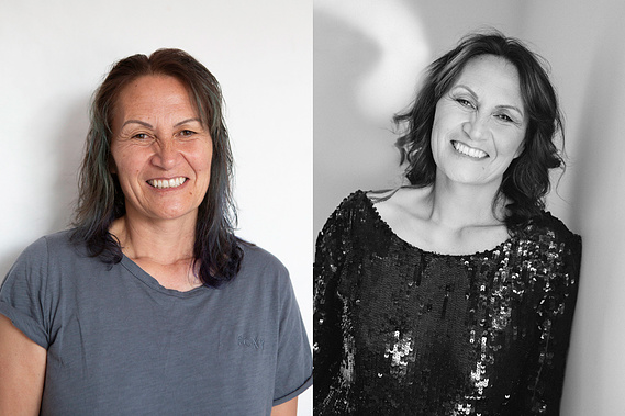 Before and after photo, before on left and after on right. Photos are of an older woman with a beautiful smile