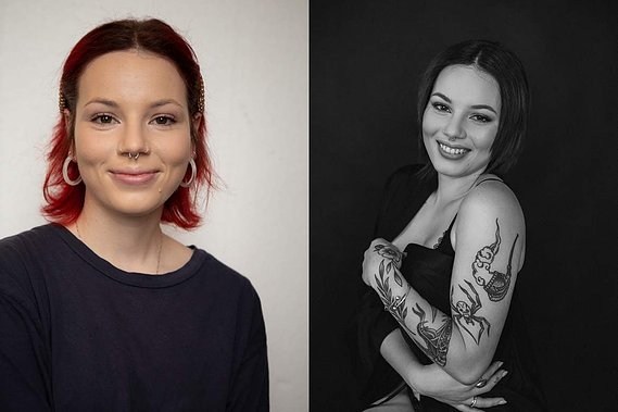 Before and after photo, before on left and after on right. The girl is young and funky, with purple hair and lots of piercings