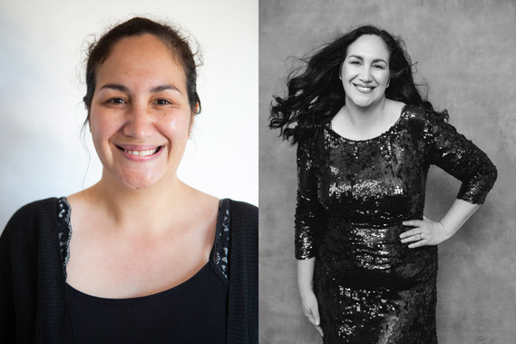 Before and after photo, before on left and after on right. The woman looks so glamorous in her after photo wearing a sequin dress