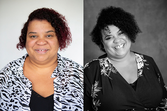 Before and after photo, before on left and after on right. A confident black woman smiles at the camera