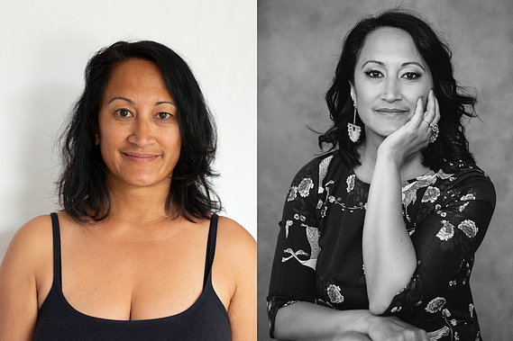Before and after photo, before on left and after on right. She is a slim asian woman 