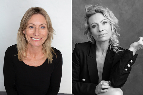 Before and after photo, before on left and after on right. The woman is slim and blonde and has a powerful gaze