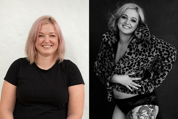 Before and after photo, before on left and after on right. The woman has short blonde hair.