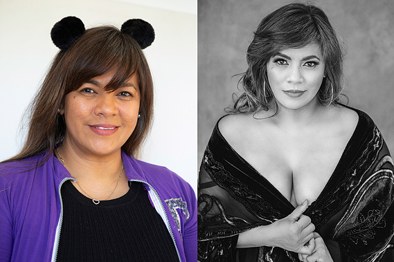 Before and after photo, before on left and after on right. Left photo shows woman wearing no makeup, on the right she is glamorous and confident