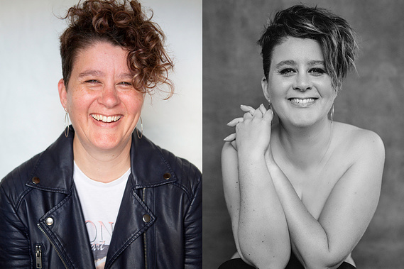 Before and after photo, before on left and after on right. The woman has funky short hair and a big smile.