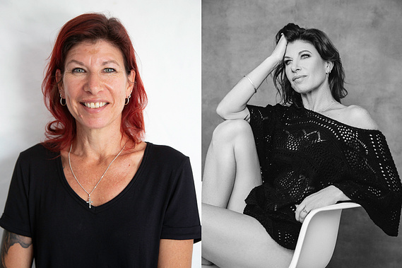 Before and after photo, before on left and after on right. It is an older woman with striking features