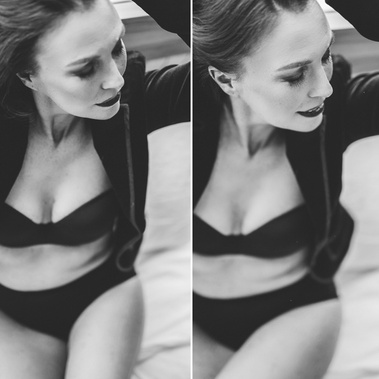 Three photos of a brunette woman from serious to laughing