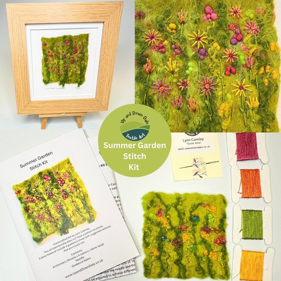 Summer Meadow stitch embroidery kit. Learn to embroider on wool felt, a creative kit by Lynn Comley a Yorkshire artist from the UK. Learn to embroider on felt,