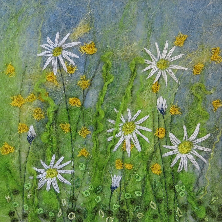 Buttercups and Daisies. Learn to felt flower meadow pictures. Wet felting creative workshop with textile artist UpandDownDale Lynn Comley in the beautiful Scampston Hall Walled Garden in North Yorkshire.  October 2022. Take inspiration from top felt artis