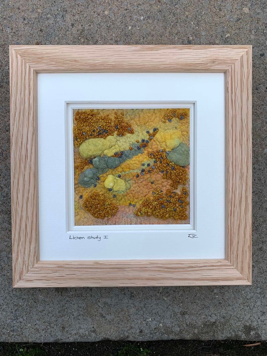 This textural work has been made by wet felting sheep wool with silk. Finished with hand embroidery. Based on Lichen on the west coast of Scotland by felt artist Lynn Comley aka UpandDownDale