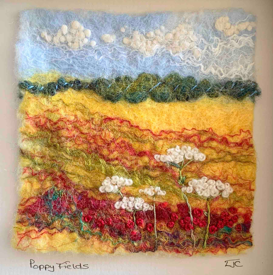 Poppy fields, poppy inspired landscape mini original art by textile artist Lynn Comley aka UpandDownDale