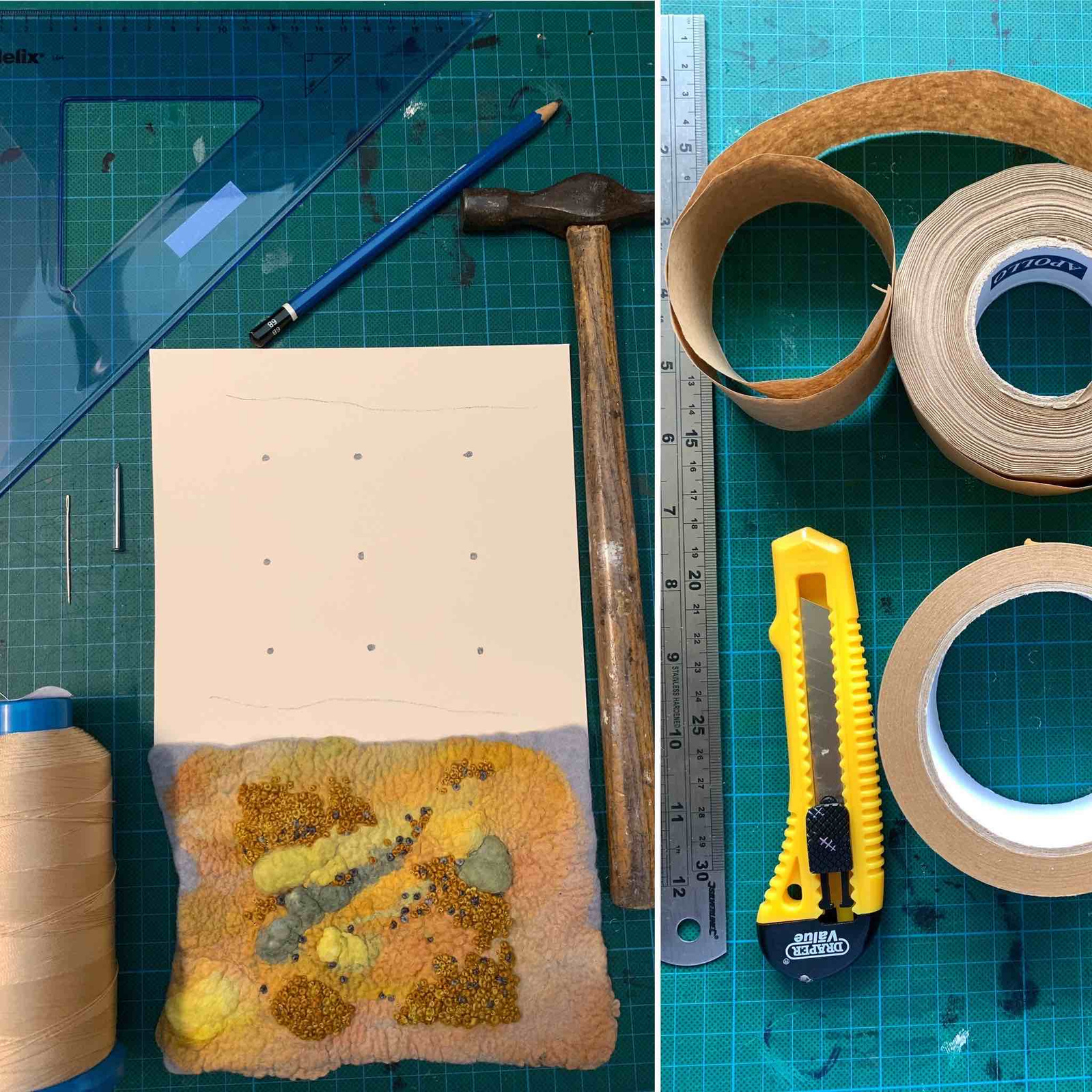 Equipment that I use to mount my wet felt textile art in preparation for framing 