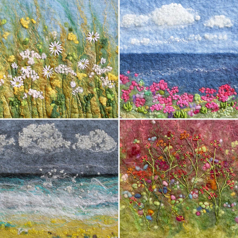 Greeting card designs by wet felting artist Lynn Comley a leading UK textile artist. Felt and stitch designs inspired by hedgerow, landscape and the rocky shore around her home in North Yorkshire