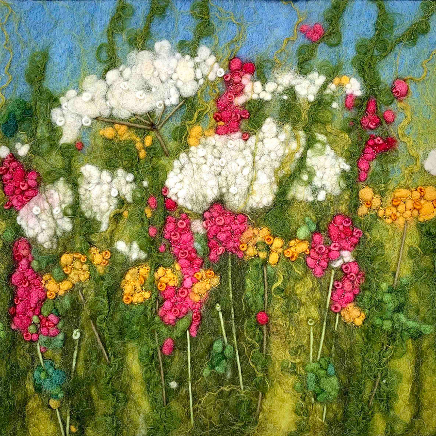 Flower meadow picture. Learn how to wet felt a hedgerow picture on a workshop with Lynn Comley  at Scampston Hall 