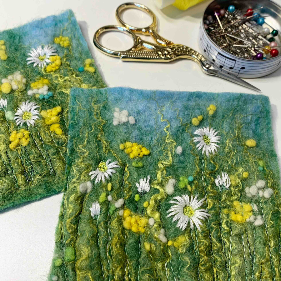 Wet felting workshop with Yorkshire  textile artist Lynn Comley aka Up and Down Dale. Learn how to wet felt a Flower Meadow inspired picture in the beautiful grounds of Scampston Hall Walled Garden 