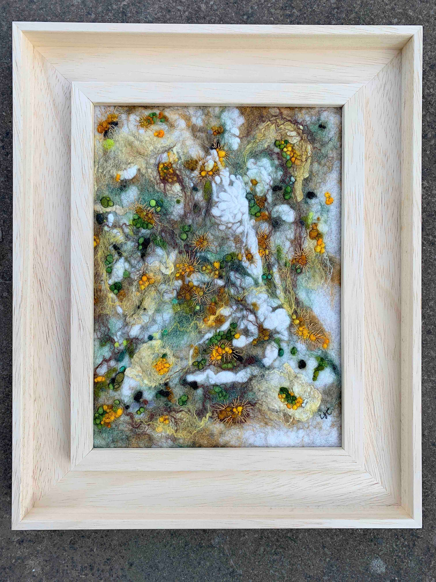 lichens on an ash tree wet felted textural work by Lynn Comley British Feltmaker known as Up and down dale, Yorkshire artist inspired by the natural world.