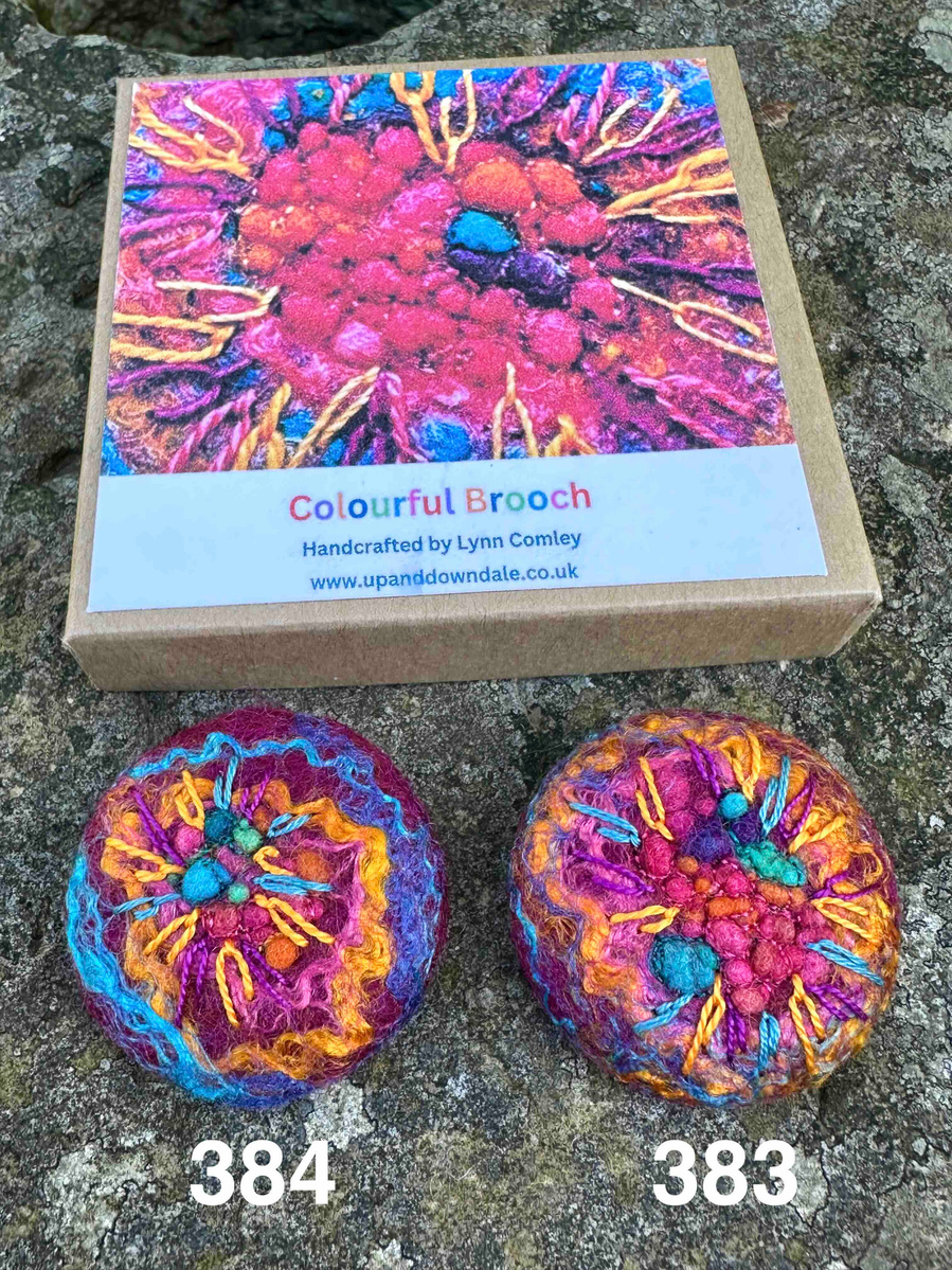 Colourful brooch pins by Lynn Comley a felt and embroidery Artist