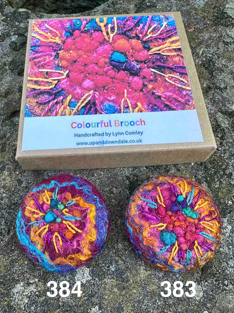 Colourful brooch pins by Lynn Comley a felt and embroidery Artist