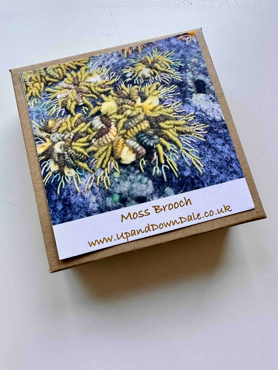 Moss and lichen embroidered brooches by Lynn Comley textile artist