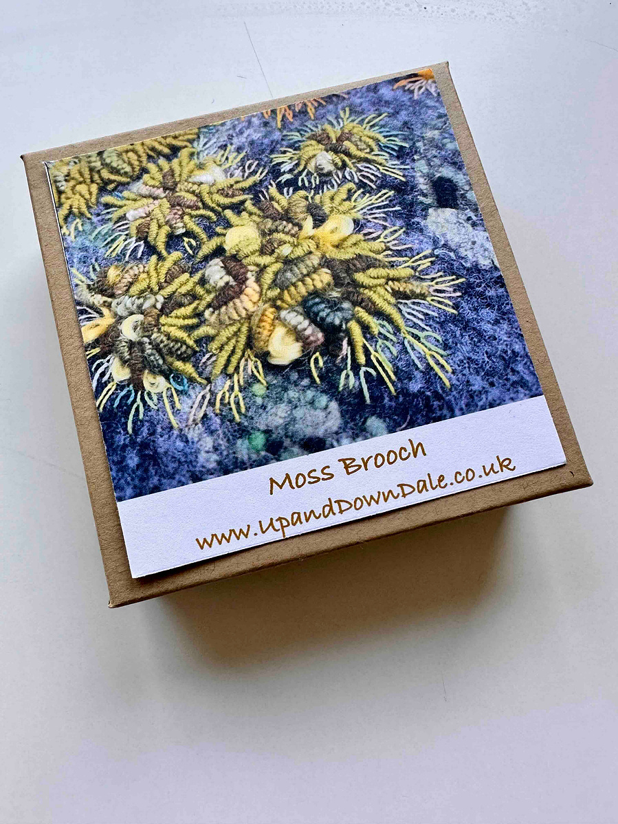 Moss and lichen embroidered brooches by Lynn Comley textile artist