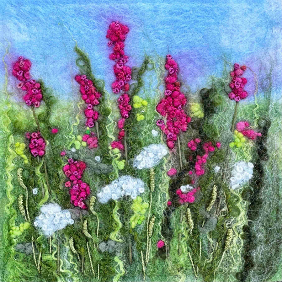 Flower meadow design by Lynn Comley a British felt & stitch artist  from North Yorkshire. Learn how to wet felt with Lynn Comley on one of her courses at Scampston Hall Walled Garden 