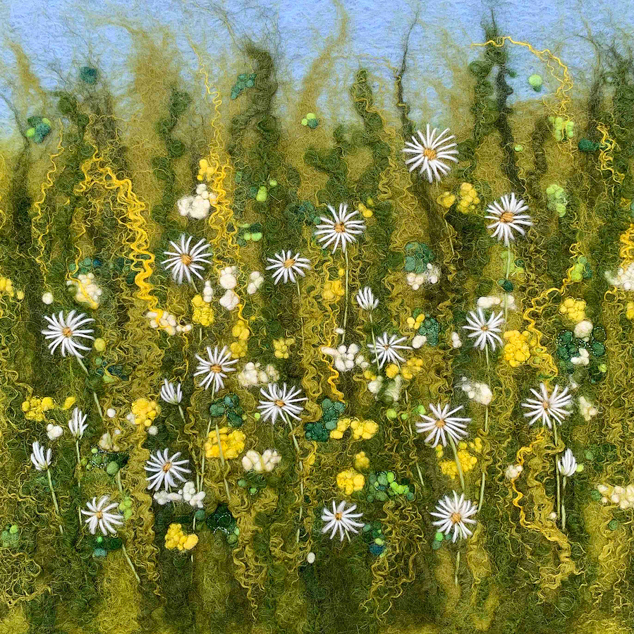 Buttercups and Daisies felt picture.  Learn how to wet felt a hedgerow picture on a workshop with Lynn Comley  at Scampston Hall 