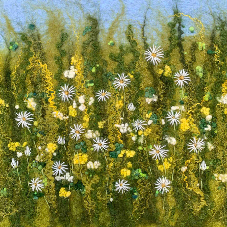 Buttercups and Daisies felt picture.  Learn how to wet felt a hedgerow picture on a workshop with Lynn Comley  at Scampston Hall 