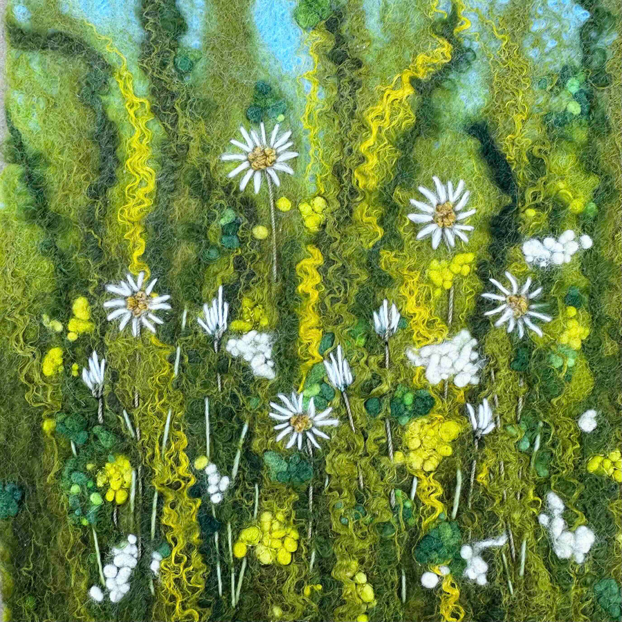 Buttercups and daisies wet felt artist Lynn Comley, embroidered pictures. Learn to make a felt picture on a workshop in North Yorkshire with Lynn Comley UpandDownDale 