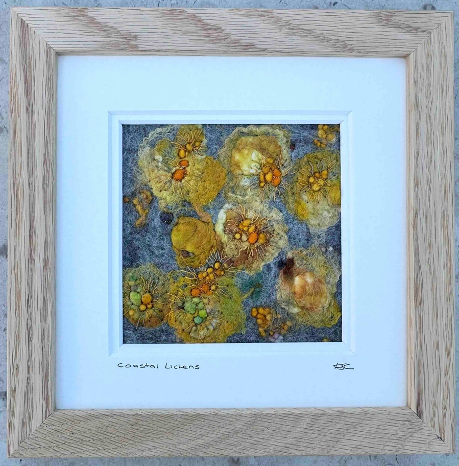 Textile art inspired by coastal lichens on the Lymington and Yorkshire coast by felt and embroidery artist Lynn Comley