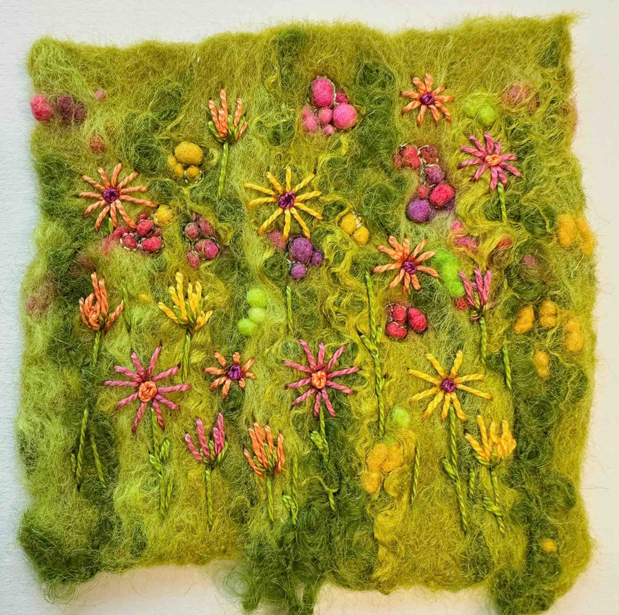 Wet felting with embroidery, stitch kits by Up and Down Dale. Lynn Comley is an embroidery artist who uses wool to create unique textile art.
