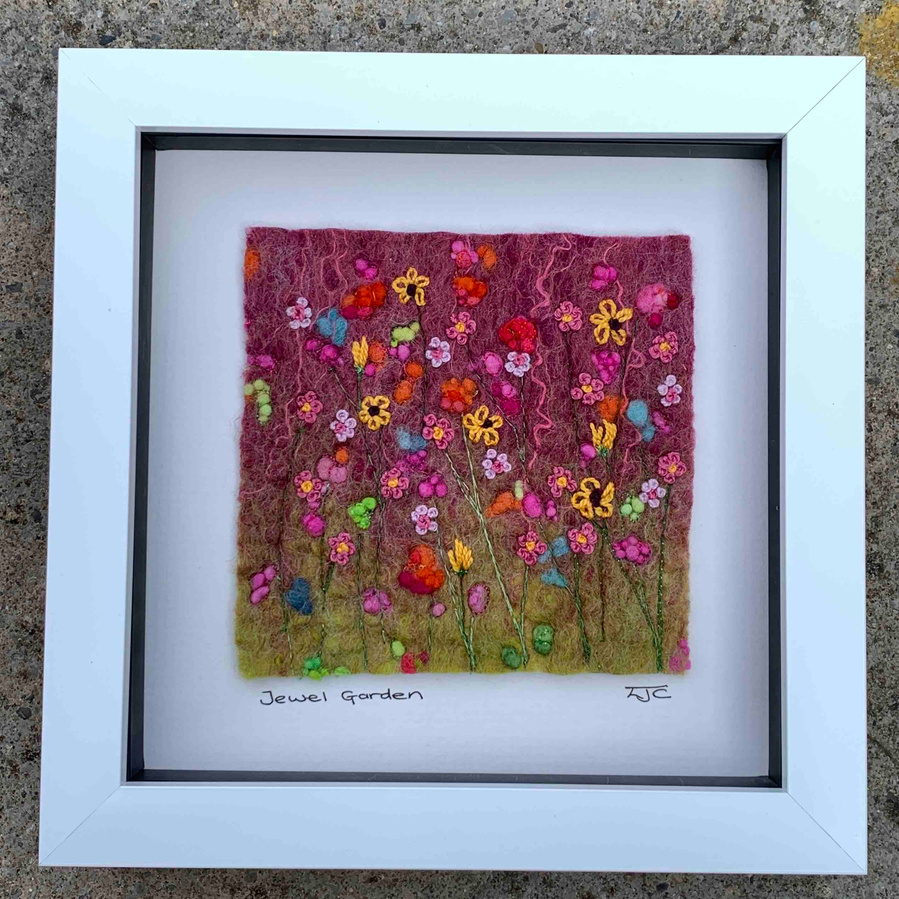 Jewel Garden Wet felted embroidered picture by North Yorkshire textile felt artist Lynn Comley aka UpandDownDale 
British textile artists. bokeh effect