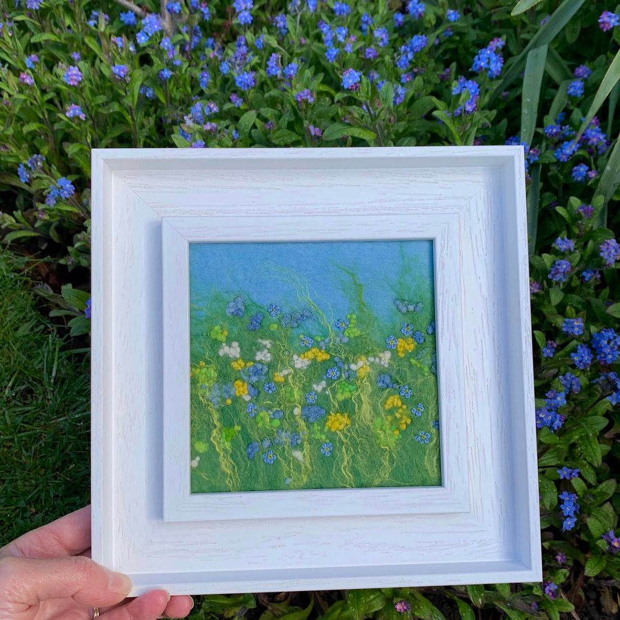 Forget-me-nots (Myosotis), folklore, a much loved flower to remember a friend, original hand crafted wet felt picture with hand embroidery by British artist Lynn Comley, affordable framed original art for interior design