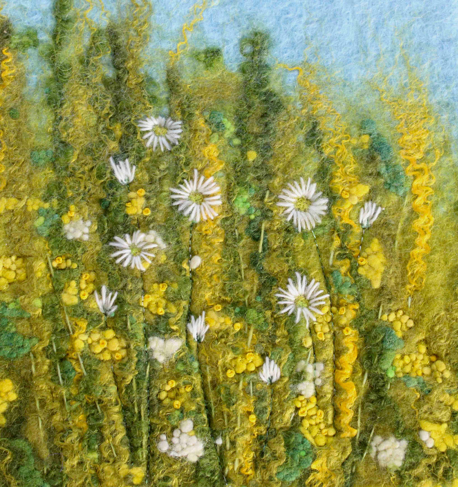 Daisies. A wet felt and embroidered daisy picture by Lynn Comley aka UpandDownDale . North Yorkshire Open Studio artist in Scarborough 