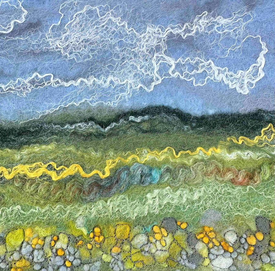 Yorkshire landscape, wet felted and embroidered picture by Up and DownDale artist Lynn Comley. North Yorkshire artist inspired by nature.