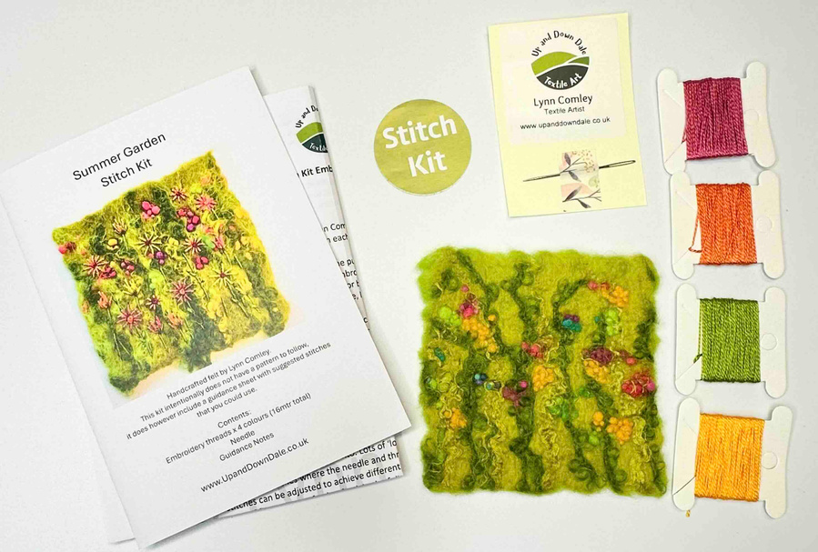 Embroidery kits by Up and Down Dale. Lynn Comley is a British felt and embroidery artist. Ships to UK, USA. Learn to embroider an English country garden picture. Create textures using wet felted wool. Workshops are available 