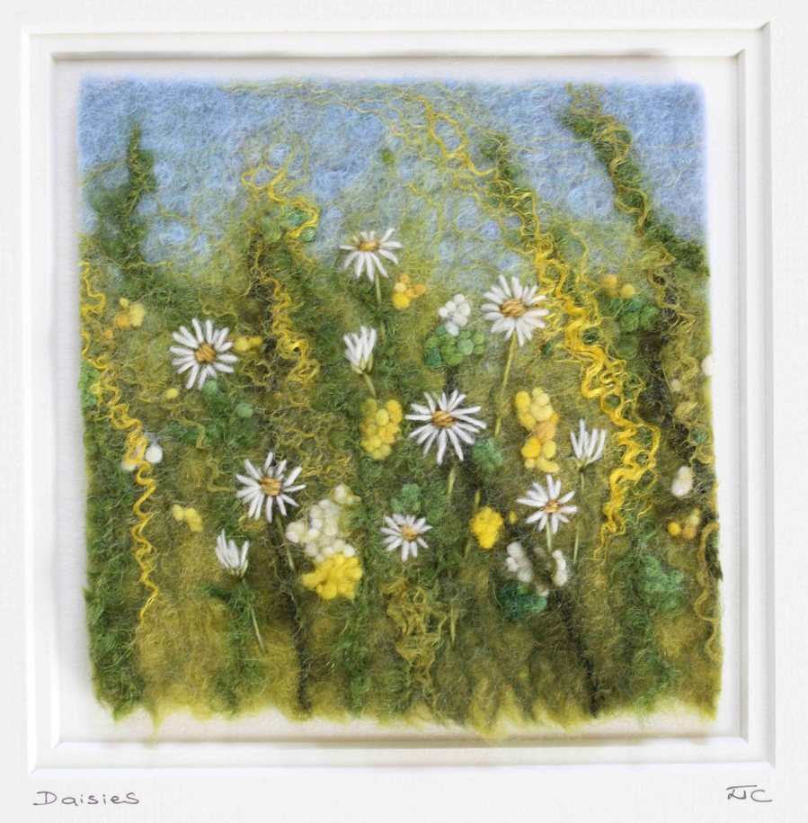 Daisies. A wet felt and embroidered daisy picture by Lynn Comley aka UpandDownDale . North Yorkshire Open Studio artist in Scarborough 