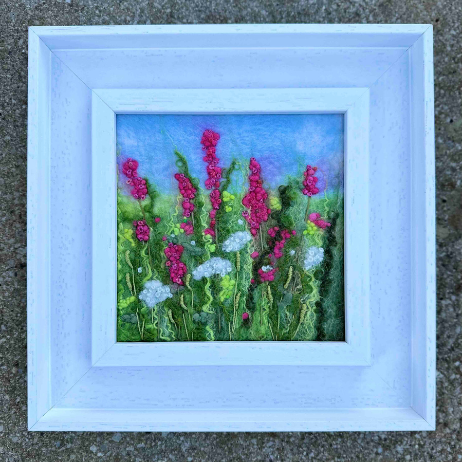 The Long Border  original felt and embroidered framed artwork by Lynn Comley aka UpandDownDale Yorkshire textile artist. Sustainable forest framing . Flower borders at Scampston Hall Walled Garden 