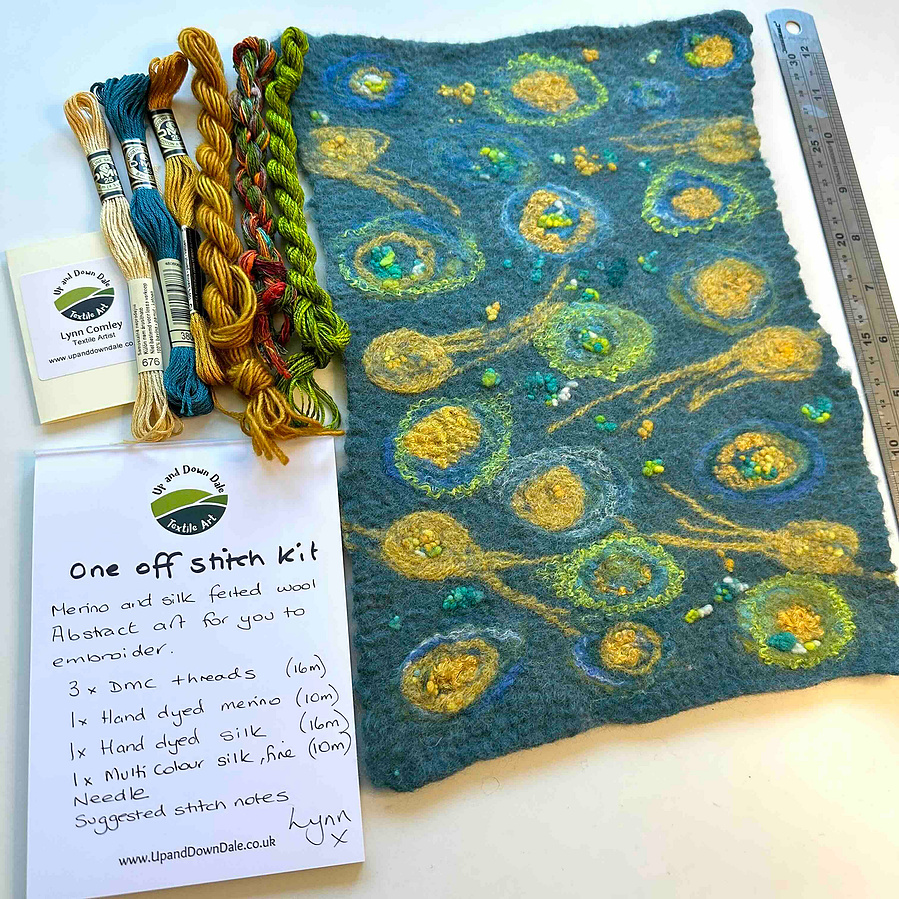 Felt & stitch kits by Lynn Comley UpandDownDale textile artist. Fall, winter creative projects, enjoy needlecraft kits. Independent artists unique artwork. Sharing 
