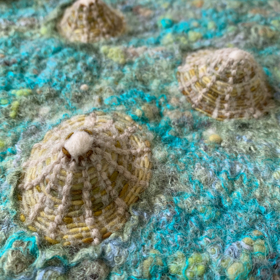 Limpet shells, textile art wet felted, tidal pools, coastal art, rock pools, felt artist by UpandDownDale Lynn Comley British artist