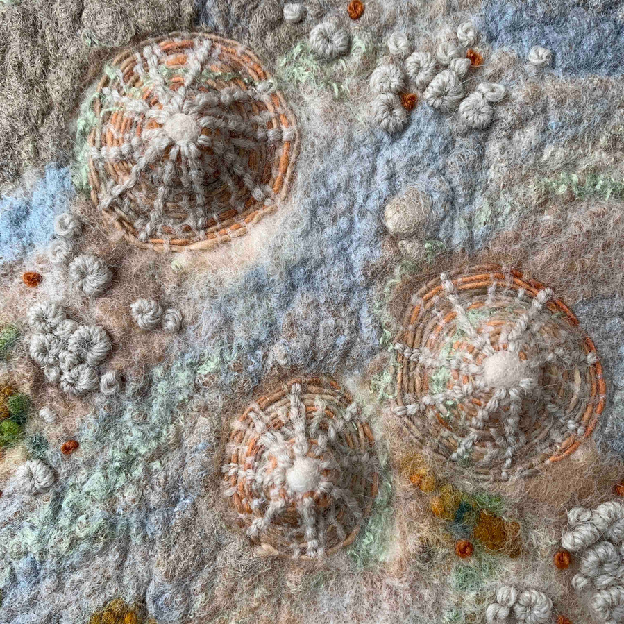 Limpet and Barnacle Study. Limpet shells, made entirely from wool. Wet felted textural study by North Yorkshire artist Lynn Comley aka UpandDownDale